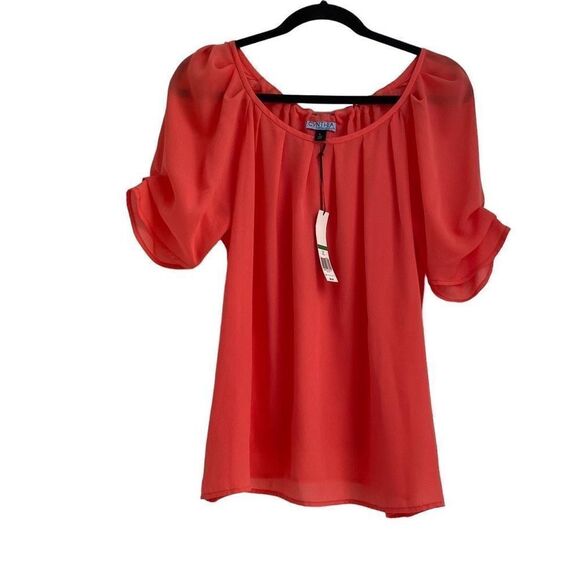 Cynthia Rowley Pleated Short Sleeve Chiffon Tie Neck Dressy Blouse Coral Large - Picture 12 of 12